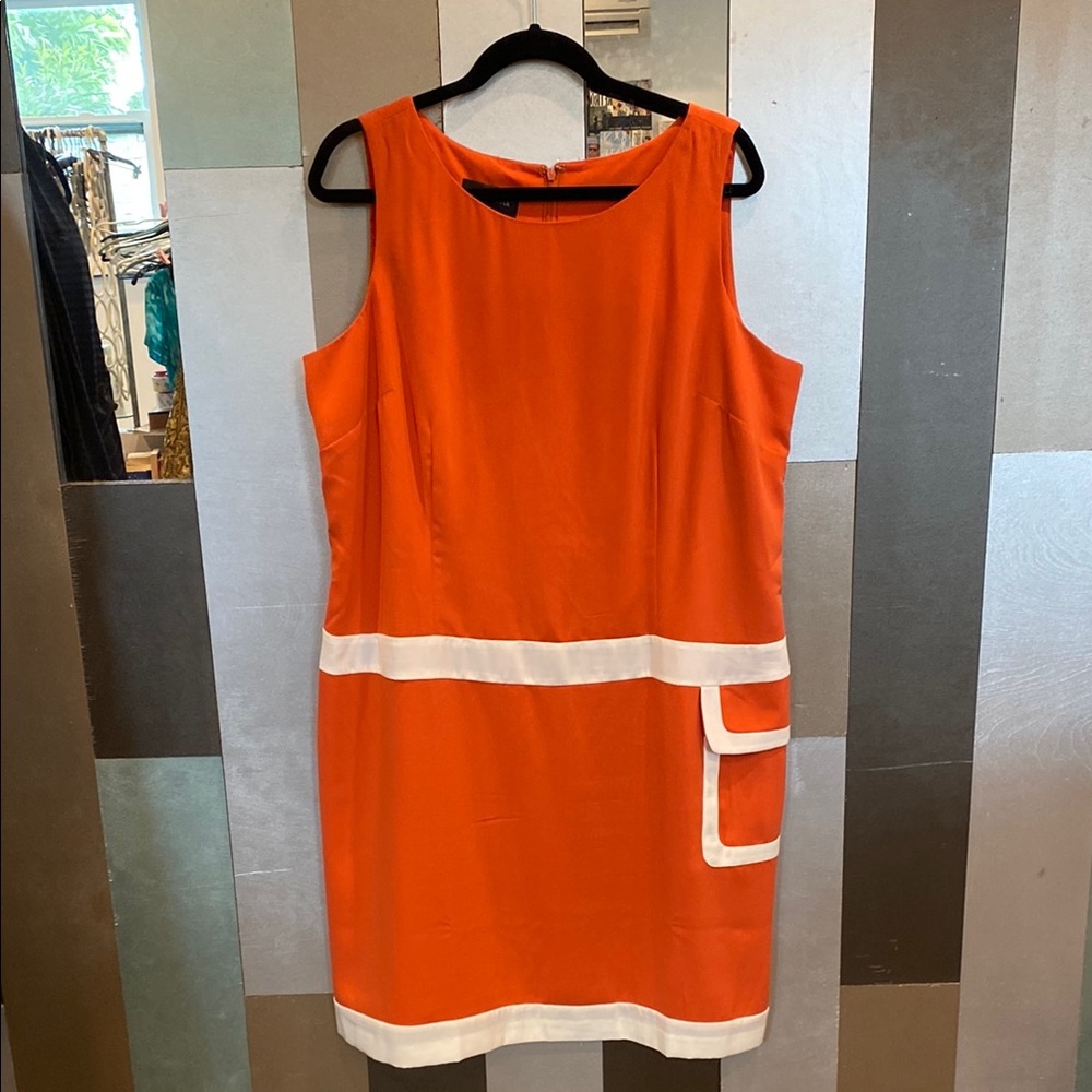 Vintage 90s Y2K Preppy Orange and White Sleeveless Midi Dress with Pockets